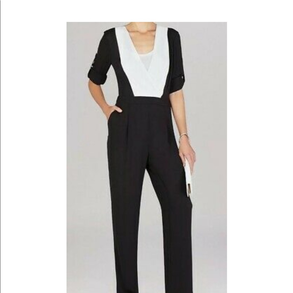BCBGMAXAZRIA KAILAN COLOR BLOCK LONG SLEEVE/ROLL TAB SLEEVE JUMPSUIT SIZE 4